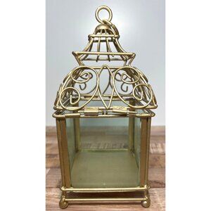 Decorative Gold Metal & Glass Lantern With Ornate Design And Removable Top For C